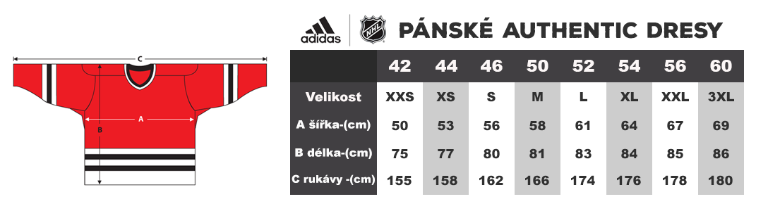 Tabulka velikost Adidas NHL dresy