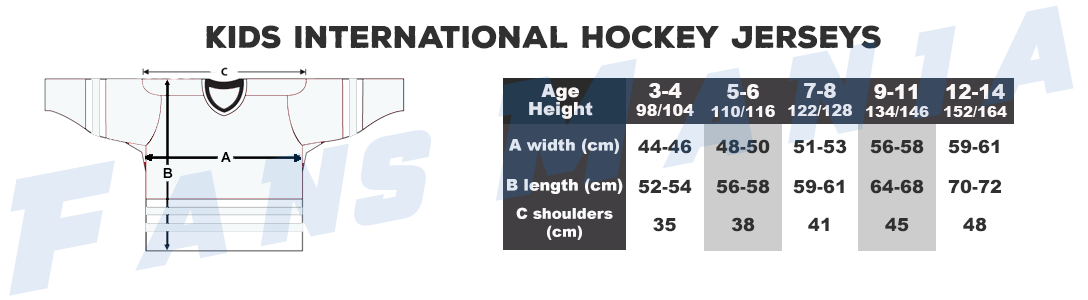 International Hockey Teams Youth Jersey sizing chart