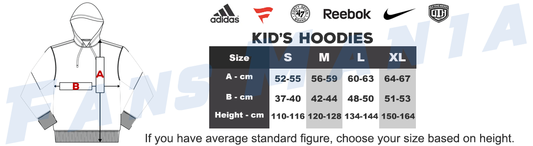 NHL Kids Sweatshirts sizing chart