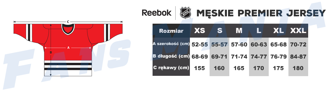 Tabela rozmiarów NHL Reebok Premier męskie jerseye