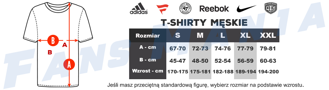 Tabela rozmiarów męskie t-shirty NHL, NBA, NFL, MLB