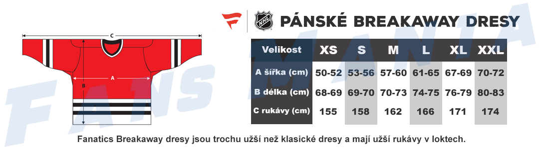 tabulka velikosti Fanatics NHL dresy